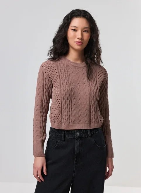 blusa manga longa cropped tricô vazado blusa manga longa cropped tricô vazado