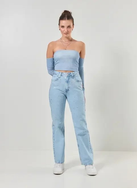 calça jeans wide leg com tachinhas calça jeans wide leg com tachinhas