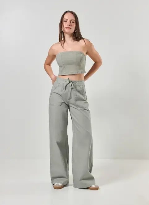 calça sarja wide leg amarração cintura calça sarja wide leg amarração cintura