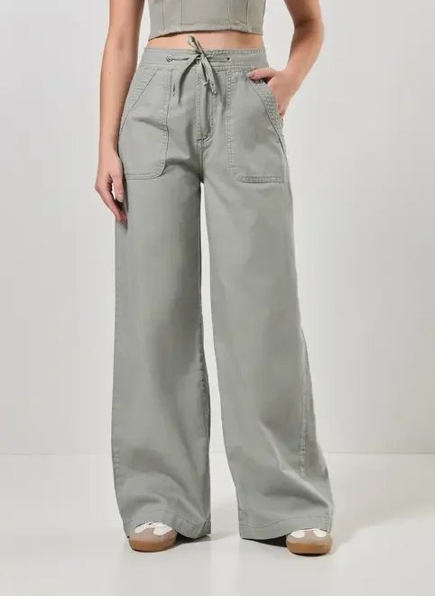 calça sarja wide leg amarração cintura calça sarja wide leg amarração cintura