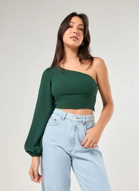 cropped verde ombro único manga longa cropped verde ombro único manga longa