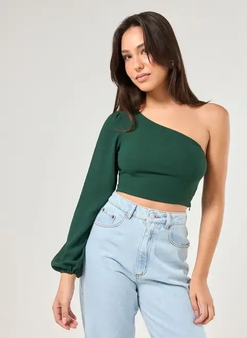cropped verde ombro único manga longa cropped verde ombro único manga longa