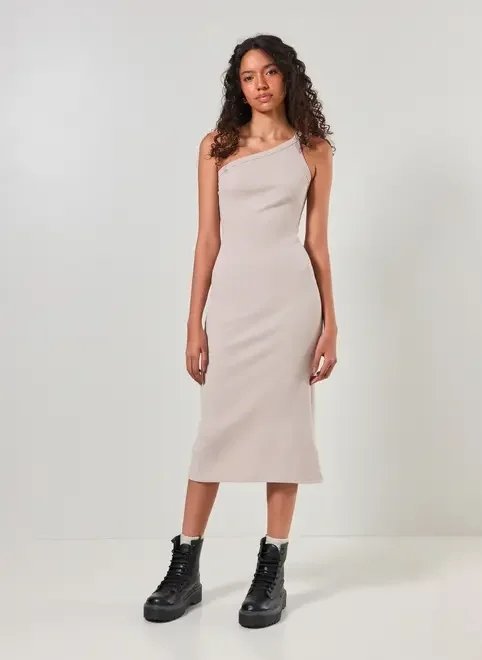 vestido midi areia ombro único vestido midi areia ombro único