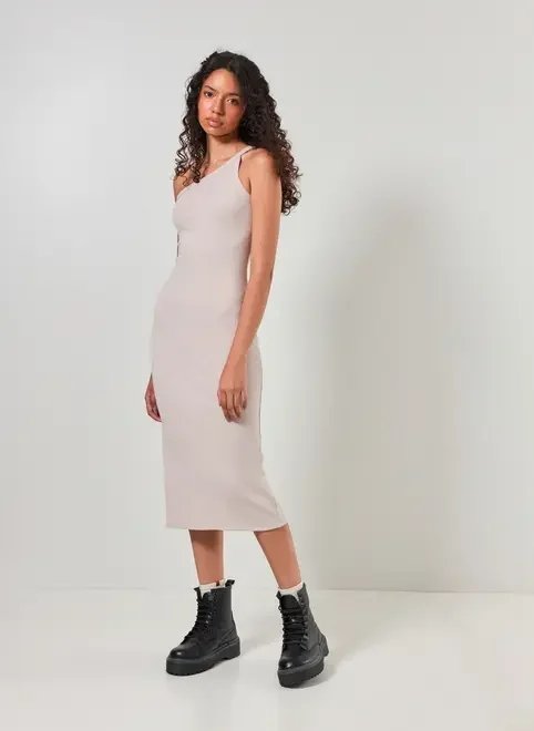 vestido midi areia ombro único vestido midi areia ombro único