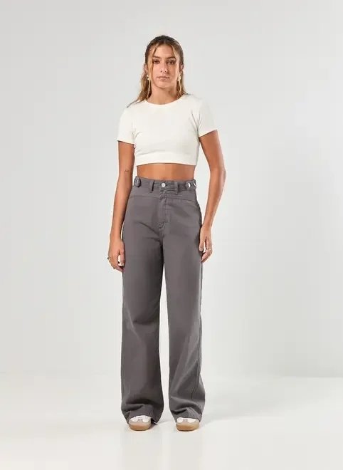 calça sarja wide leg cós com botões calça sarja wide leg cós com botões