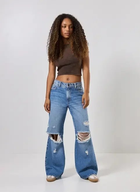calça jeans cintura baixa wide leg destroyed calça jeans cintura baixa wide leg destroyed