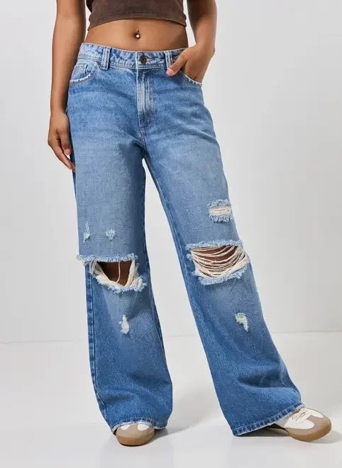 calça jeans cintura baixa wide leg destroyed calça jeans cintura baixa wide leg destroyed
