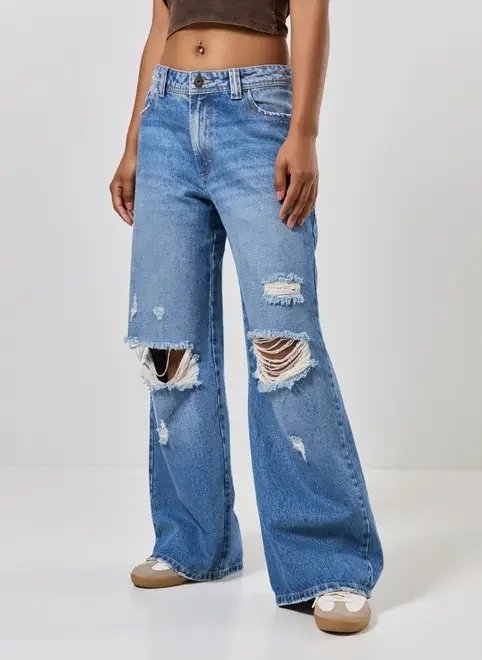 calça jeans cintura baixa wide leg destroyed calça jeans cintura baixa wide leg destroyed