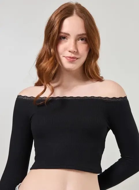 cropped manga longa com renda cropped manga longa com renda