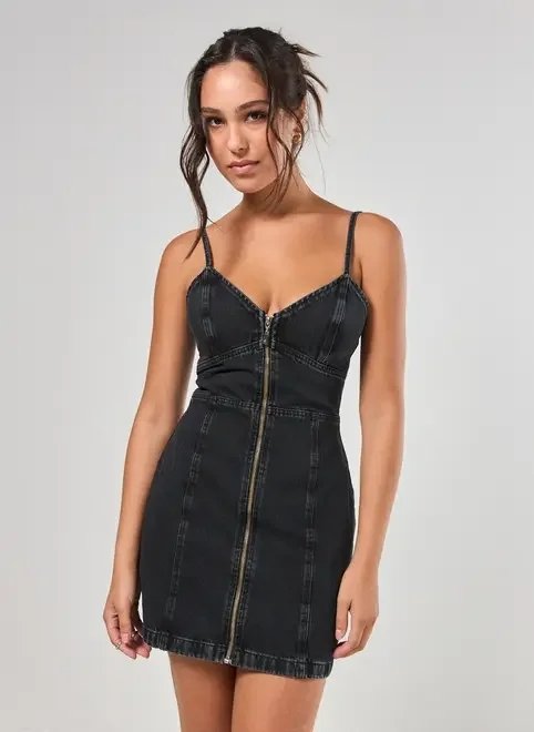 vestido jeans preto zíper vestido jeans preto zíper