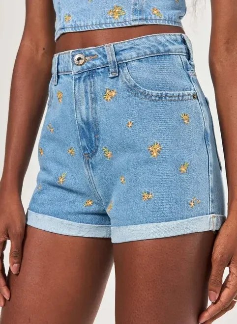 short mom jeans cintura alta florzinhas short mom jeans cintura alta florzinhas