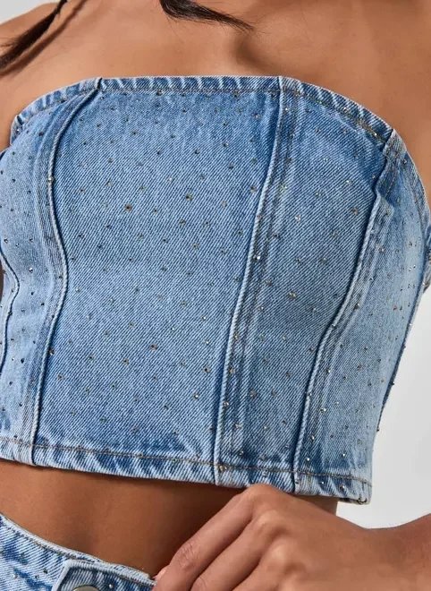 cropped jeans corselet brilho cropped jeans corselet brilho
