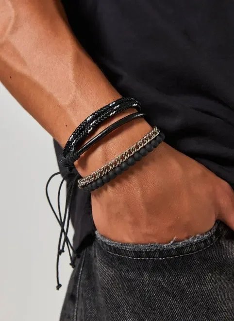 conjunto 4 pulseiras corda e corrente conjunto 4 pulseiras corda e corrente