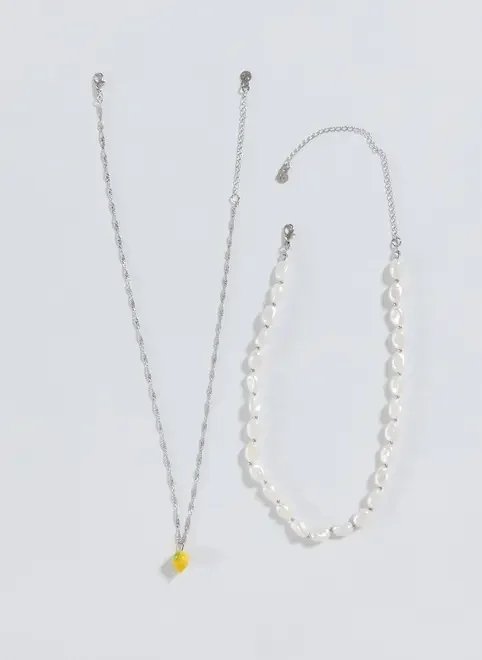 conjunto colares pérolas artificiais e limão conjunto colares pérolas artificiais e limão