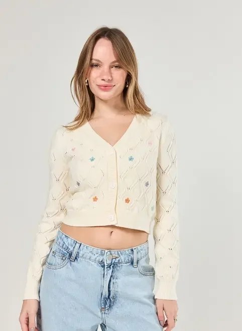 cardigan tricô off-white com flores coloridas cardigan tricô off-white com flores coloridas