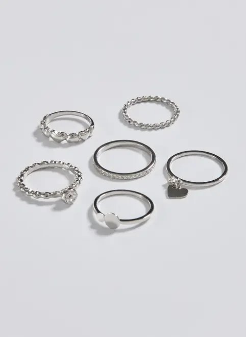 conjunto 6 anéis prateados coração conjunto 6 anéis prateados coração