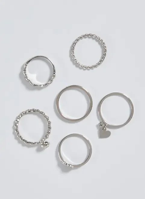 conjunto 6 anéis prateados coração conjunto 6 anéis prateados coração