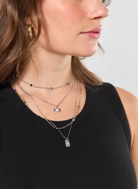 conjunto 3 colares prateados místico conjunto 3 colares prateados místico