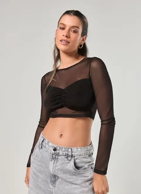 cropped manga longa tule preto cropped manga longa tule preto