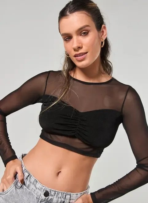 cropped manga longa tule preto cropped manga longa tule preto