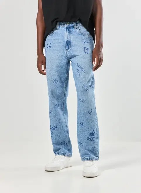 calça jeans reta com desenhos calça jeans reta com desenhos