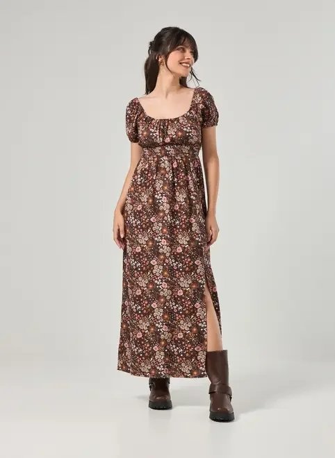 vestido midi marrom estampa mística vestido midi marrom estampa mística