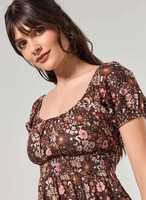 vestido midi marrom estampa mística vestido midi marrom estampa mística