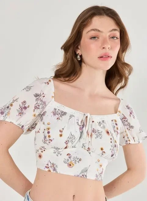 cropped off-white florido amarração cropped off-white florido amarração