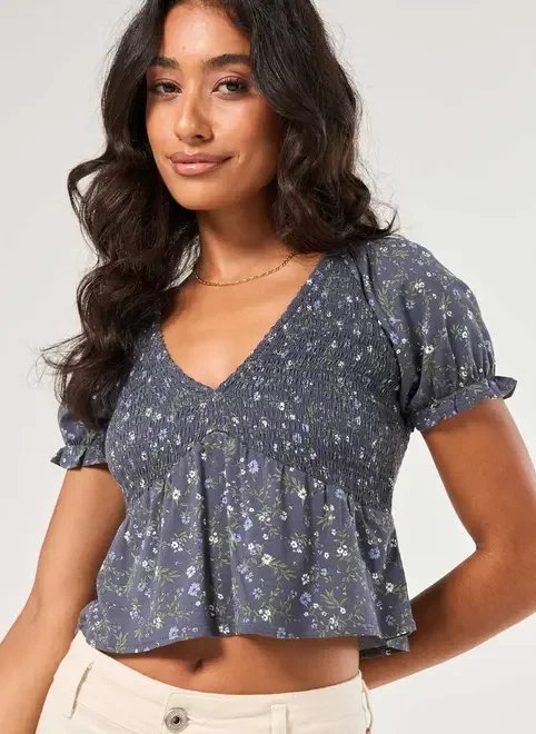 blusa azul florida com lastex blusa azul florida com lastex