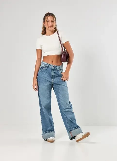 calça jeans wide leg barra dobrada calça jeans wide leg barra dobrada