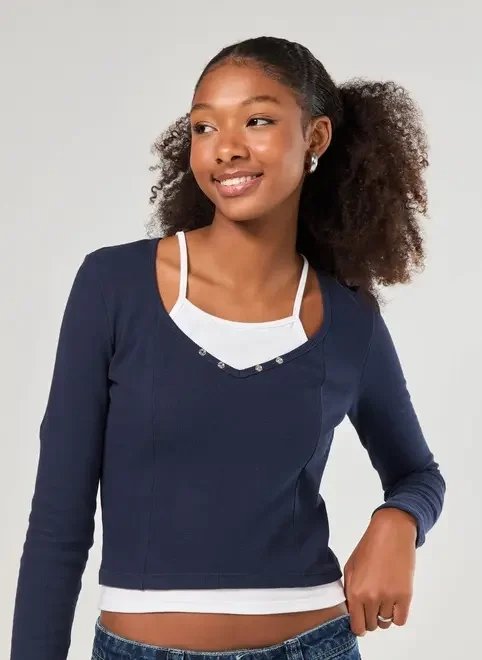 blusa manga longa sobreposição waffle blusa manga longa sobreposição waffle