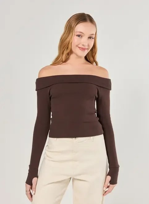 blusa manga longa ombro a ombro marrom blusa manga longa ombro a ombro marrom