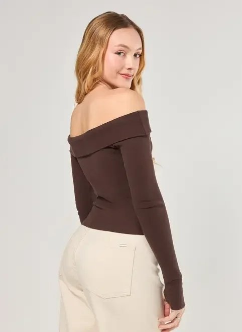 blusa manga longa ombro a ombro marrom blusa manga longa ombro a ombro marrom