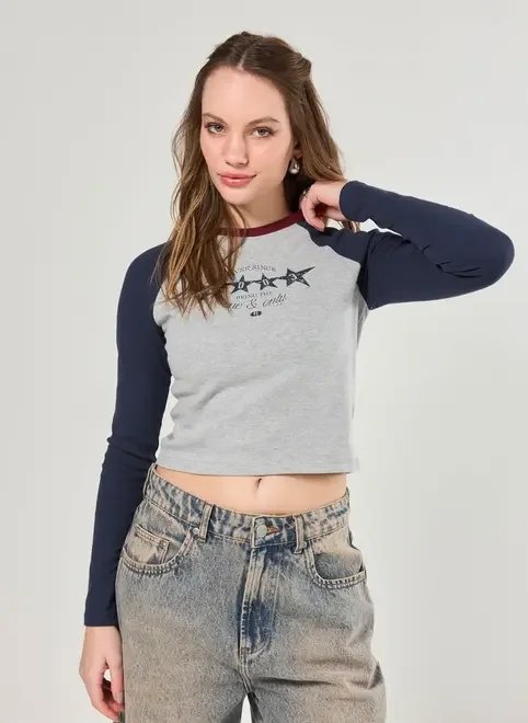 blusa manga longa raglan azul e mescla blusa manga longa raglan azul e mescla