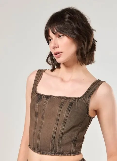 cropped corsetado jeans marrom cropped corsetado jeans marrom