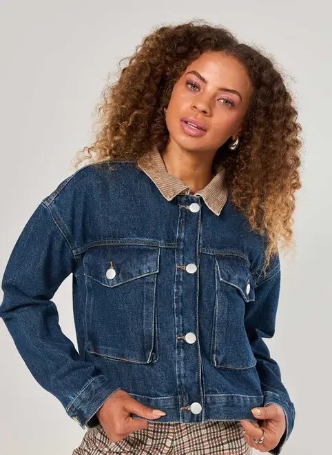 jaqueta cropped jeans com cotelê jaqueta cropped jeans com cotelê