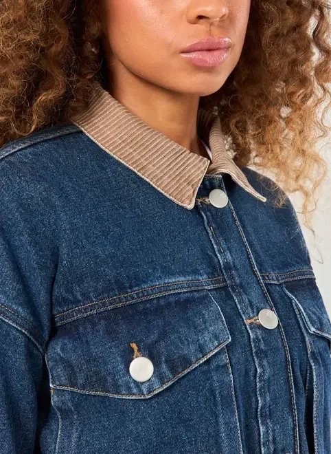 jaqueta cropped jeans com cotelê jaqueta cropped jeans com cotelê