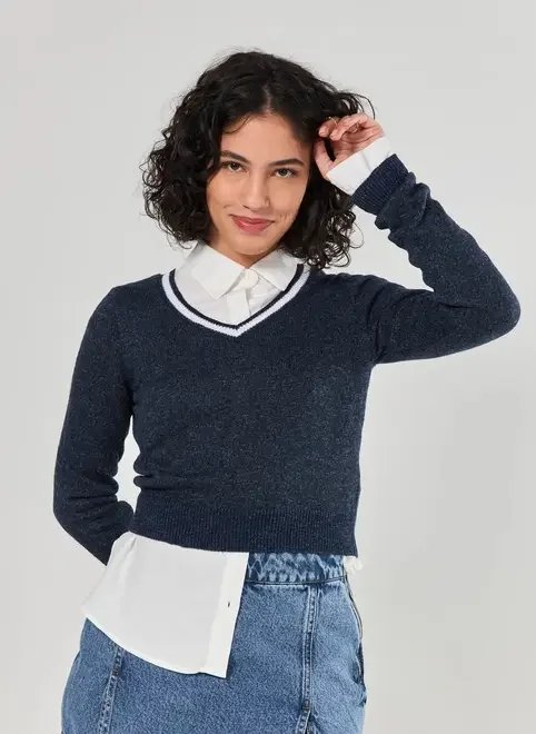 cropped manga longa tricô marinho cropped manga longa tricô marinho