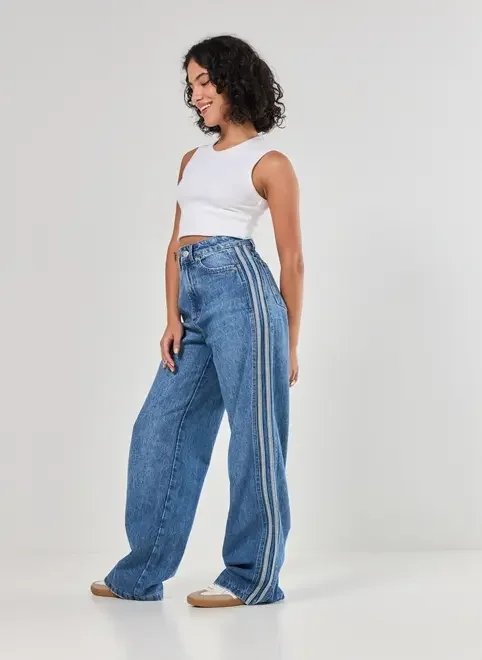 calça jeans wide leg listra lateral calça jeans wide leg listra lateral