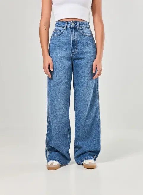 calça jeans wide leg listra lateral calça jeans wide leg listra lateral