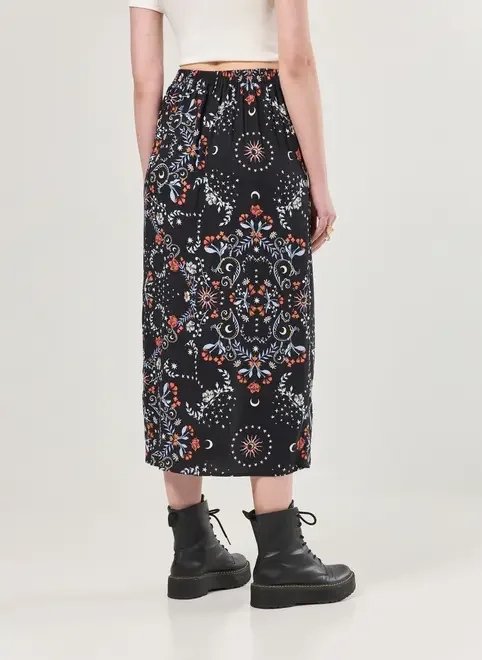 saia midi preta estampa florida saia midi preta estampa florida