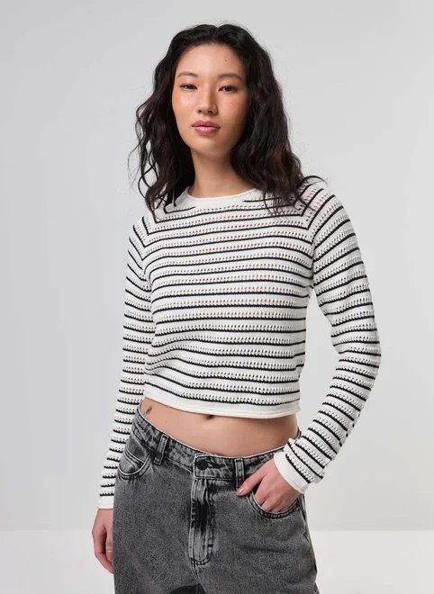 blusa manga longa tricô listras blusa manga longa tricô listras