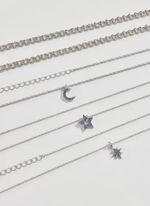 conjunto 4 colares prateados místicos azuis conjunto 4 colares prateados místicos azuis