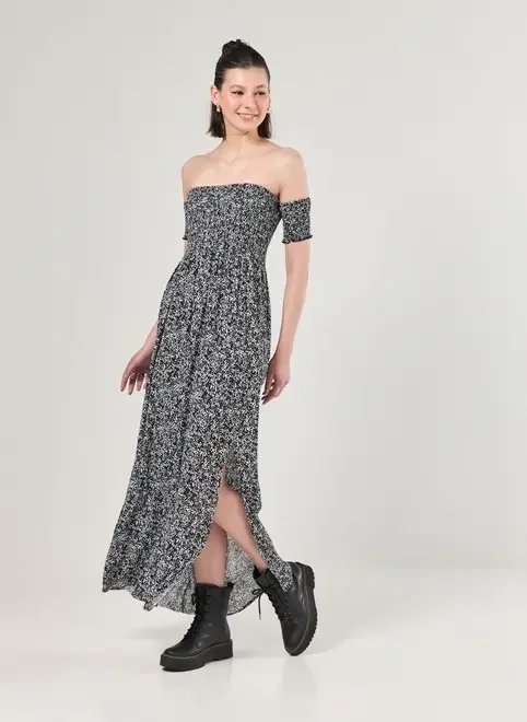 vestido midi lastex preto florido vestido midi lastex preto florido