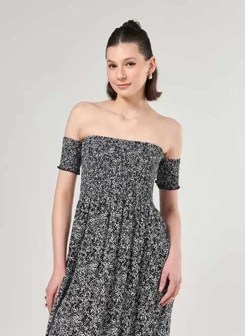 vestido midi lastex preto florido vestido midi lastex preto florido