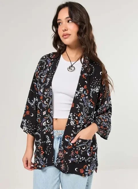 kimono preto estampa florida kimono preto estampa florida
