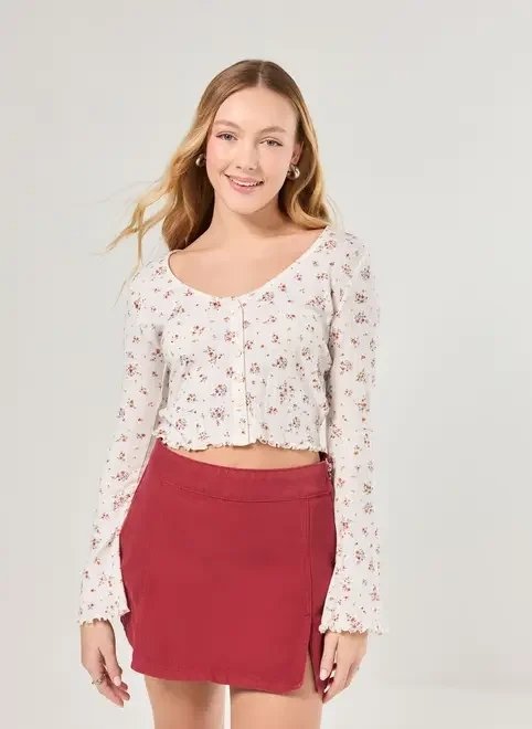 cropped manga longa florido botões cropped manga longa florido botões