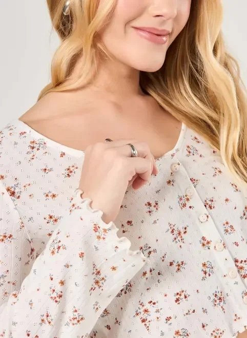 cropped manga longa florido botões cropped manga longa florido botões