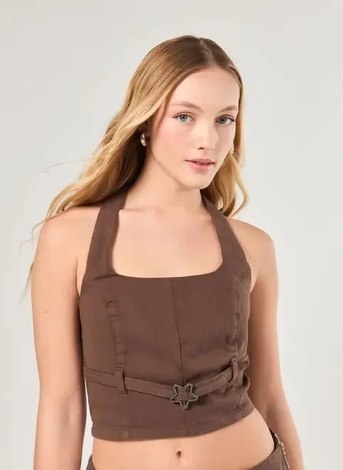 cropped sarja marrom com cinto cropped sarja marrom com cinto