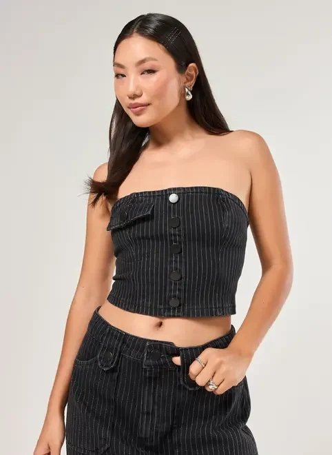 tube top jeans preto risca de giz tube top jeans preto risca de giz